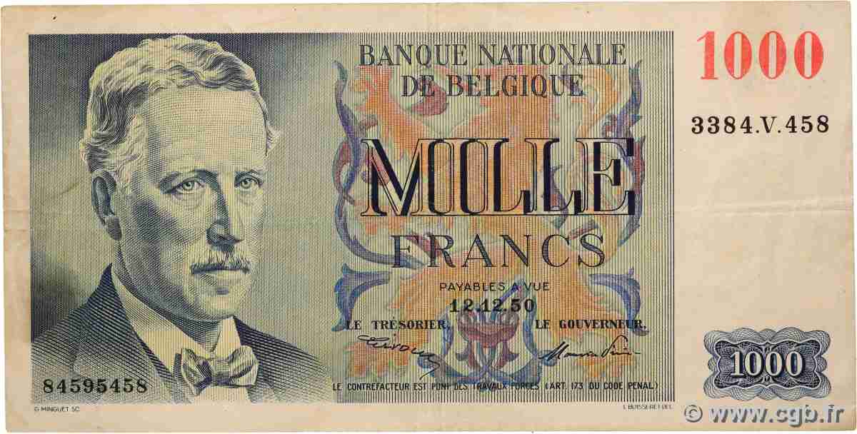 1000 Francs BELGIO 1950 P.131a q.BB