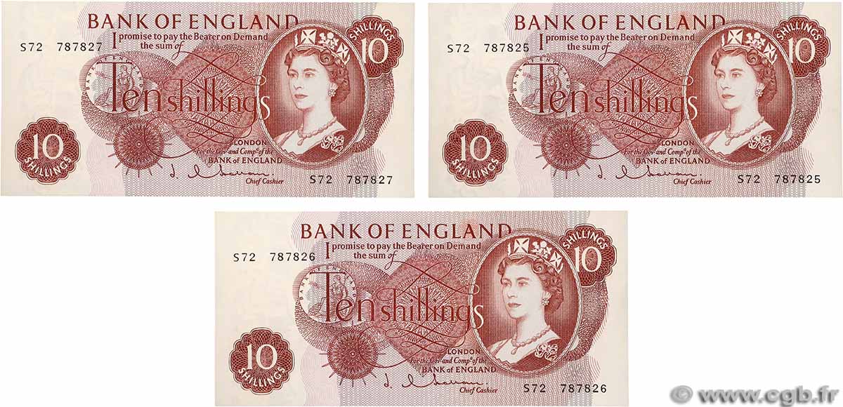 10 Shillings Consécutifs ENGLAND 1962 P.373b AU+