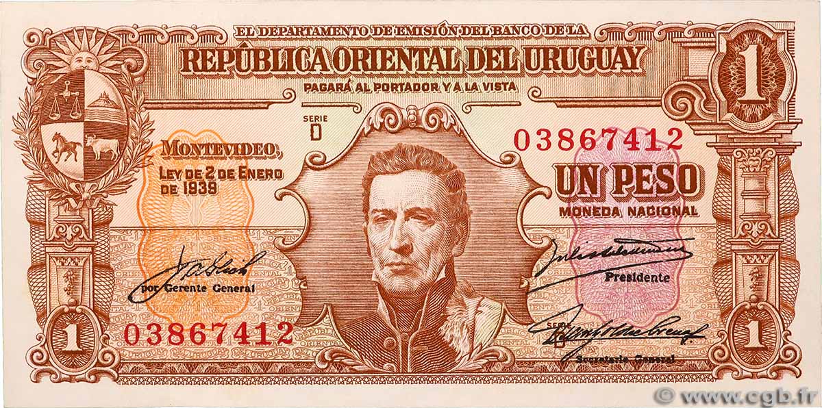 1 Peso URUGUAY 1939 P.035c UNC