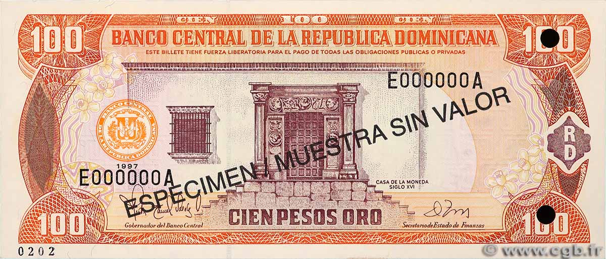 100 Pesos Oro Spécimen RÉPUBLIQUE DOMINICAINE 1997 P.156s1 UNC