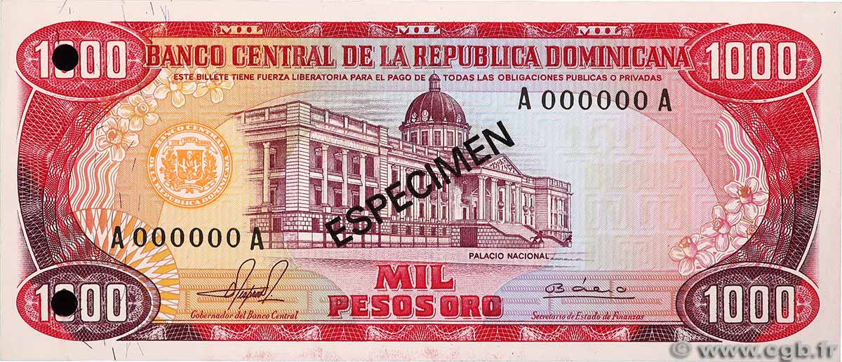 1000 Pesos Oro Spécimen RÉPUBLIQUE DOMINICAINE 1981 P.124s1 UNC