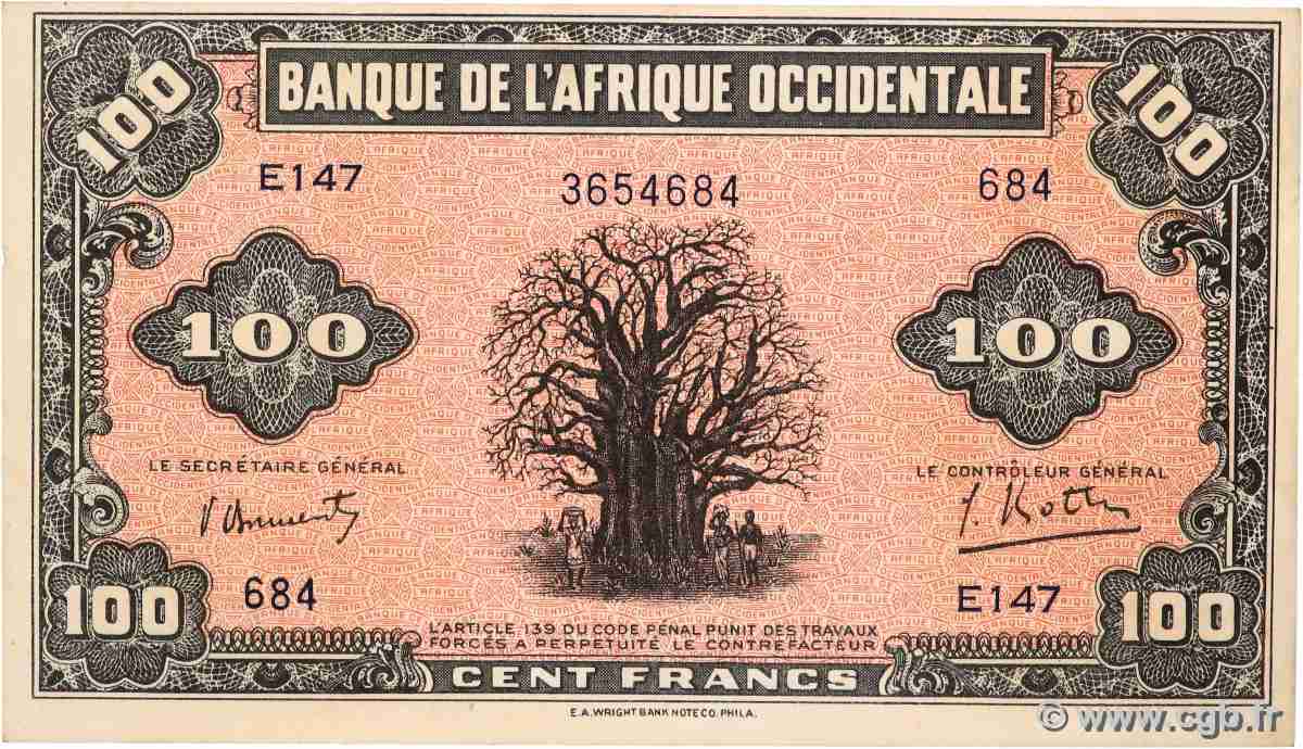 100 Francs FRENCH WEST AFRICA 1942 P.31a UNC-