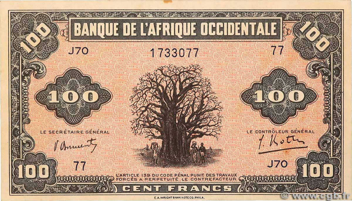 100 Francs FRENCH WEST AFRICA 1942 P.31a AU+