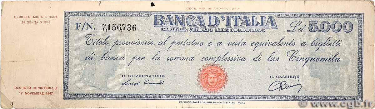 5000 Lire ITALIEN 1948 P.086a fS
