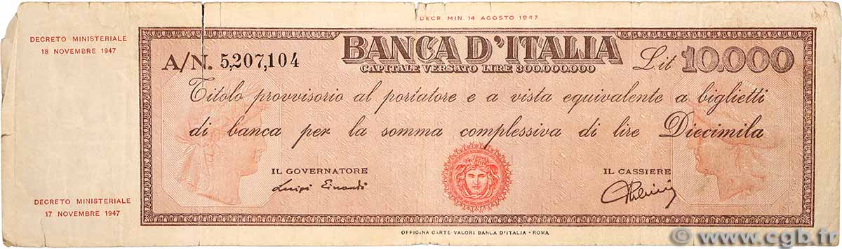 10000 Lire ITALIA 1947 P.087a q.MB