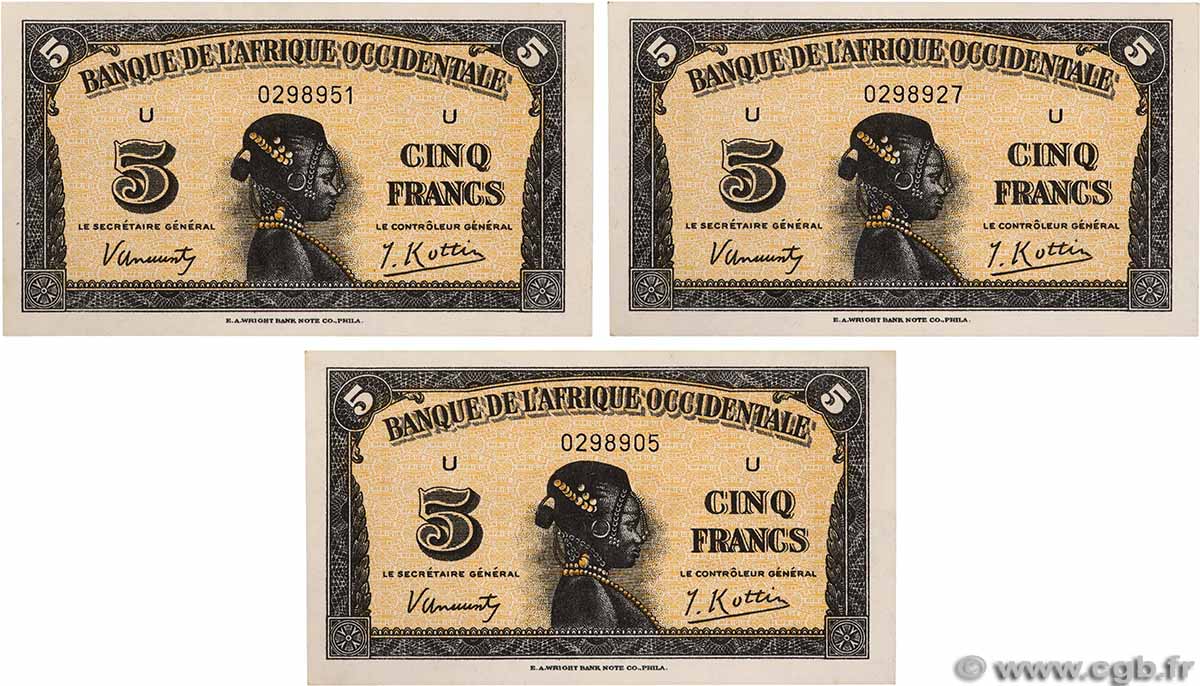5 Francs Lot FRENCH WEST AFRICA 1942 P.28a fST+