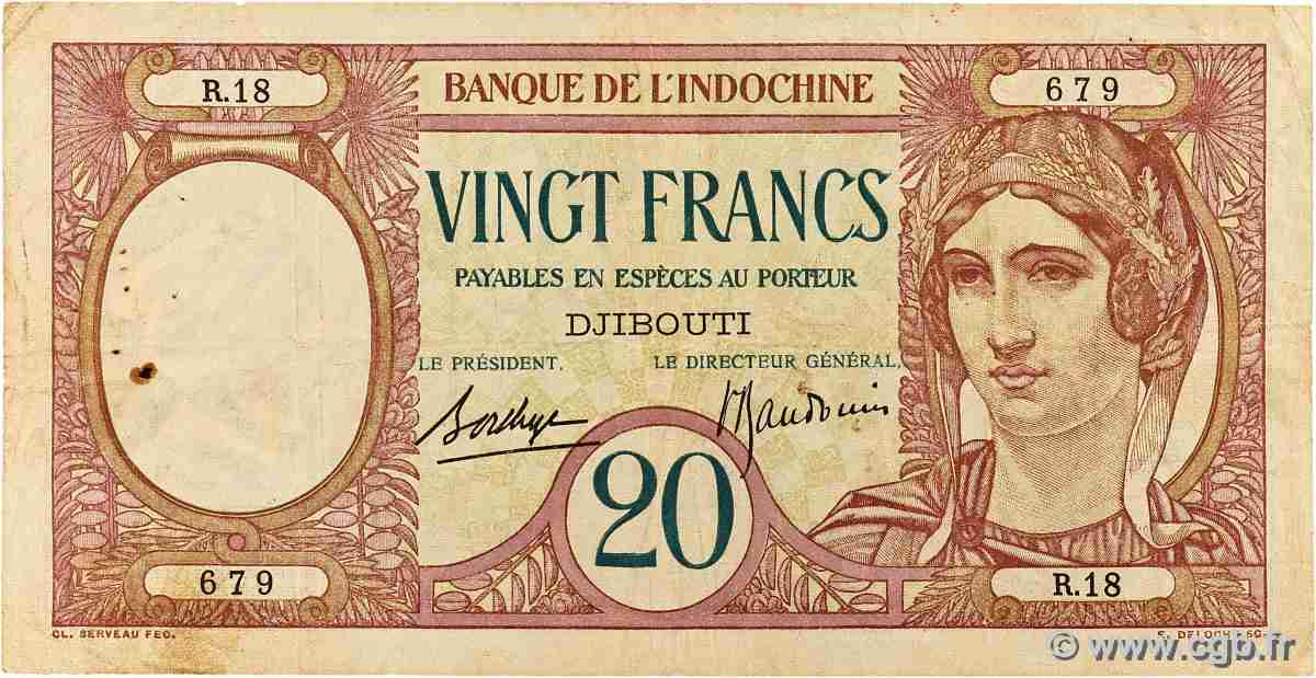 20 Francs DJIBOUTI 1936 P.07b F+