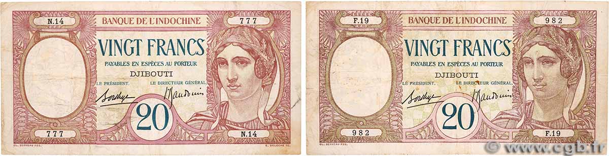 20 Francs Lot DJIBOUTI 1936 P.07b TB