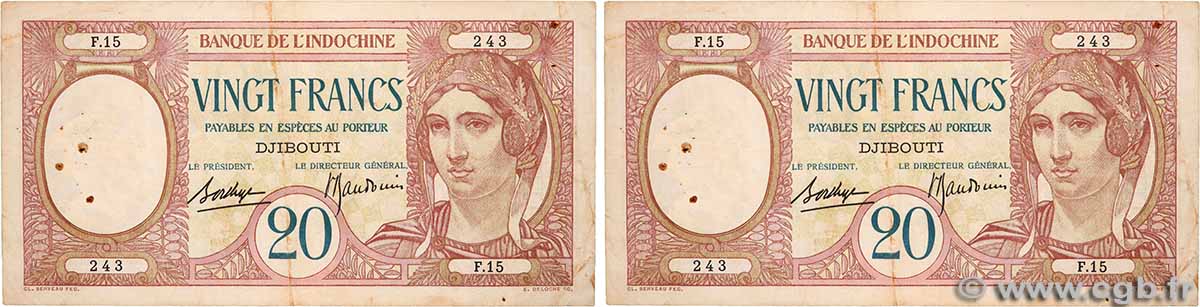 20 Francs Lot DJIBOUTI 1936 P.07b TB