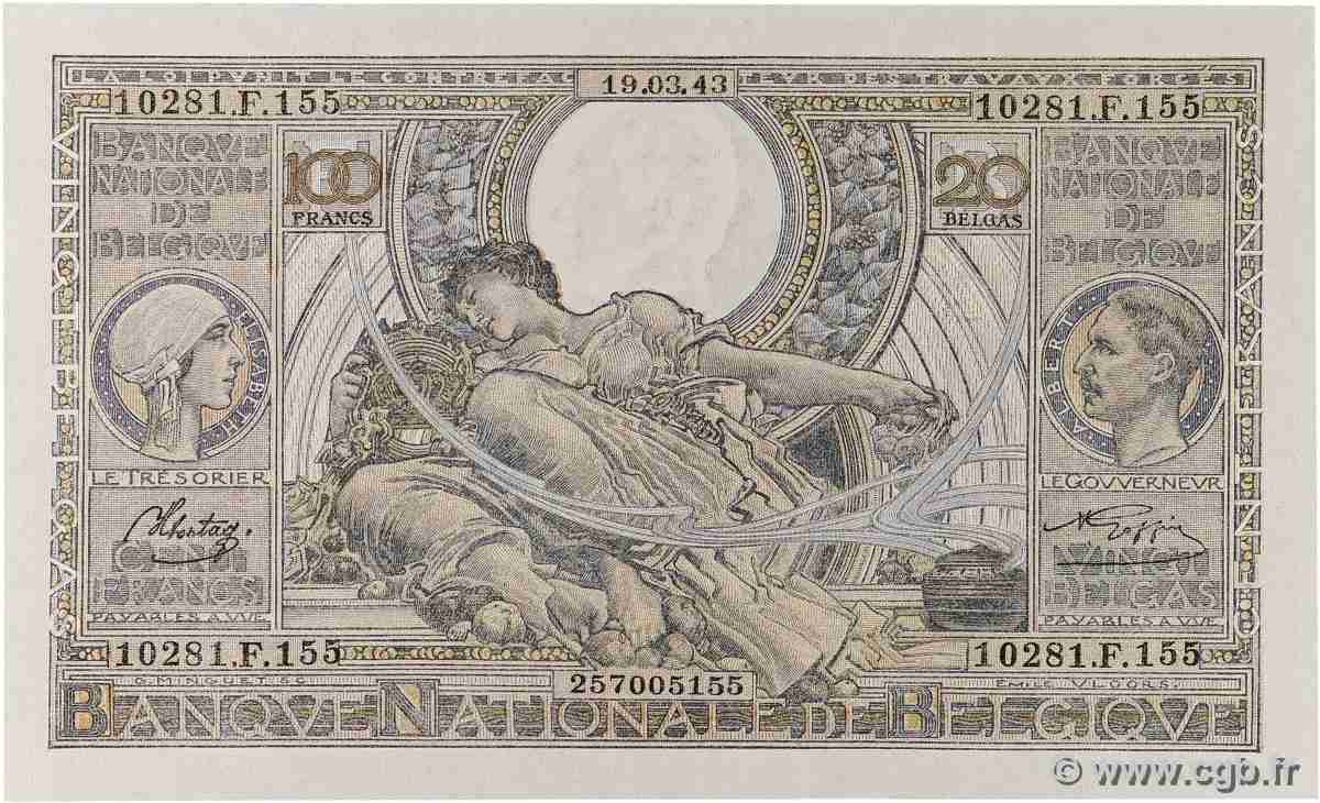 100 Francs - 20 Belgas BELGIUM 1943 P.107 UNC-