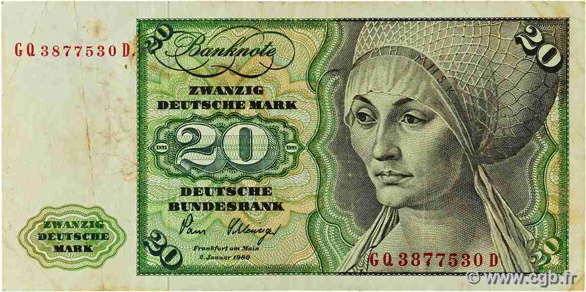 20 Deutsche Mark ALLEMAGNE FÉDÉRALE 1980 P.32d TB