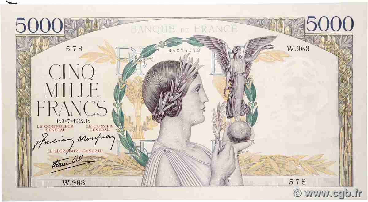 5000 Francs VICTOIRE Impression à plat FRANKREICH 1942 F.46.38 VZ+