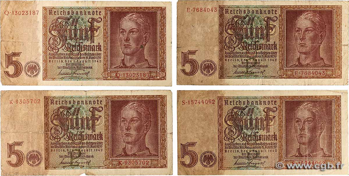 5 Reichsmark Lot GERMANY 1942 P.186 F