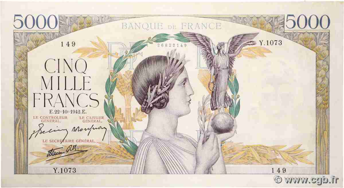 5000 Francs VICTOIRE Impression à plat FRANCE 1942 F.46.43 pr.SUP