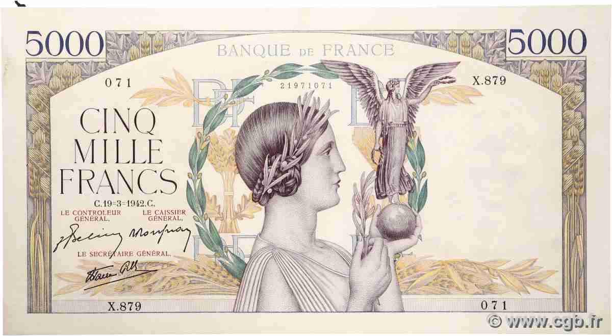 5000 Francs VICTOIRE Impression à plat FRANCE 1942 F.46.35 SUP