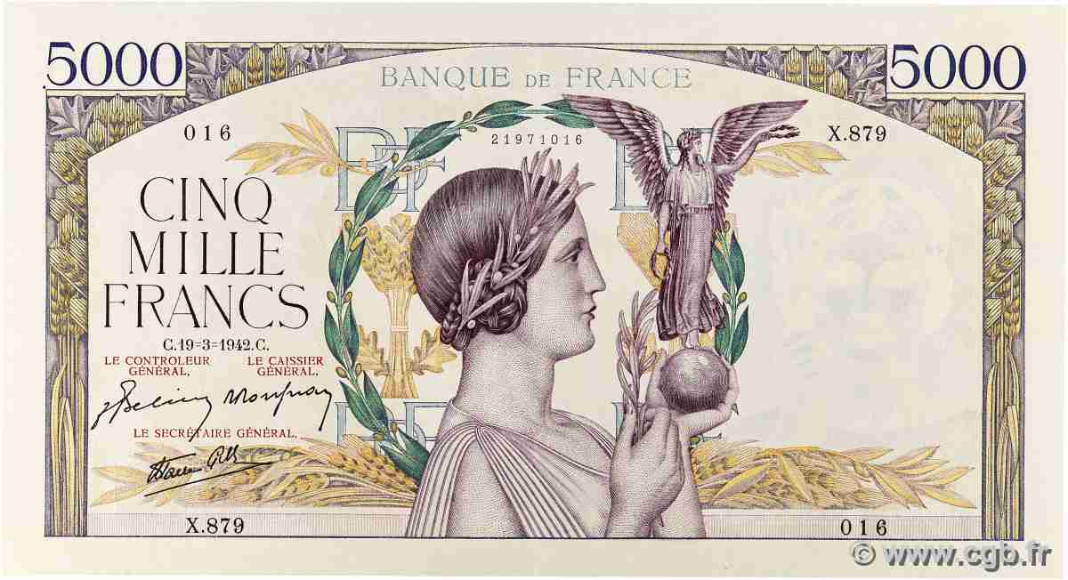 5000 Francs VICTOIRE Impression à plat FRANCE 1942 F.46.35 XF