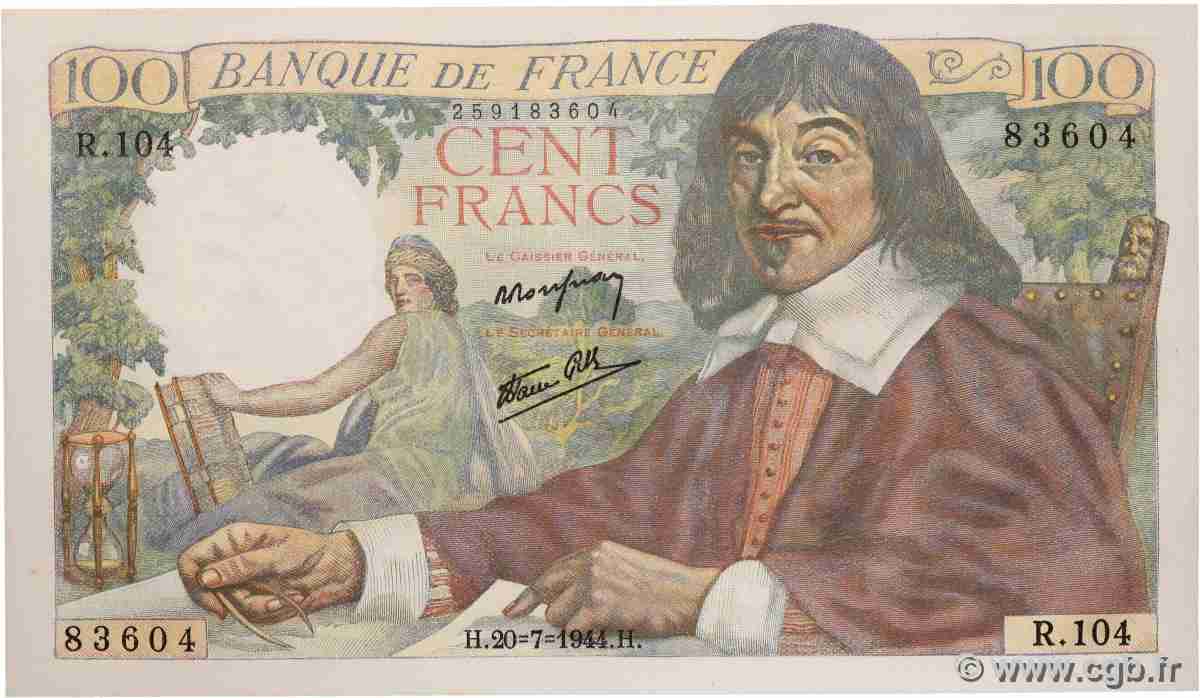 100 Francs DESCARTES FRANCE 1944 F.27.06 pr.NEUF
