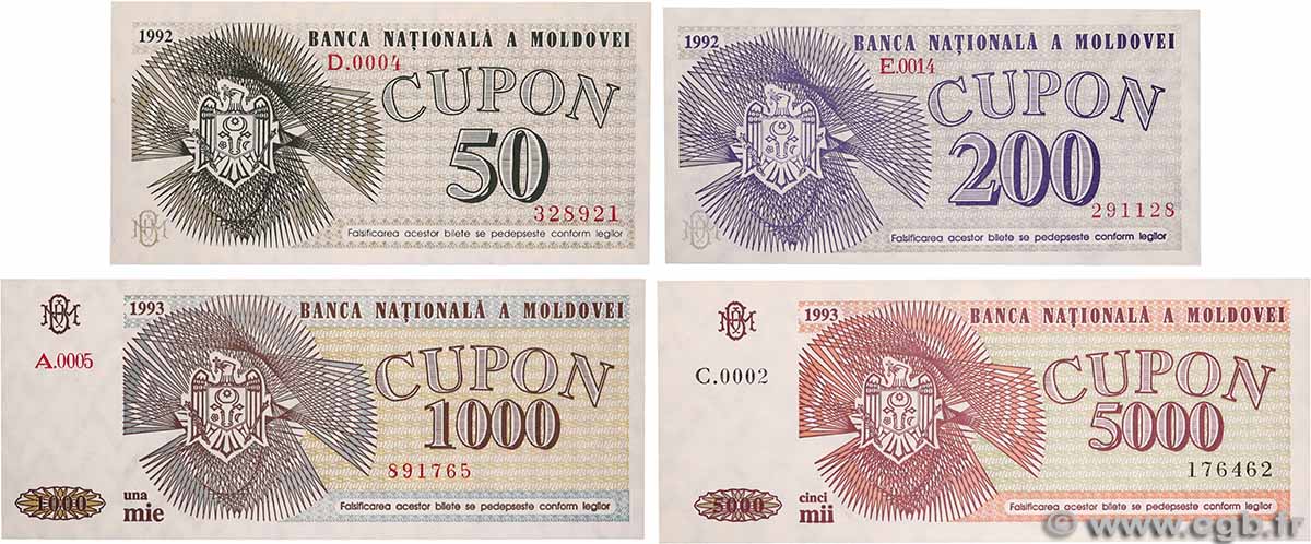 50 au 5000 Cupon Lot MOLDAVIA 1992 P.01 au P.04 FDC