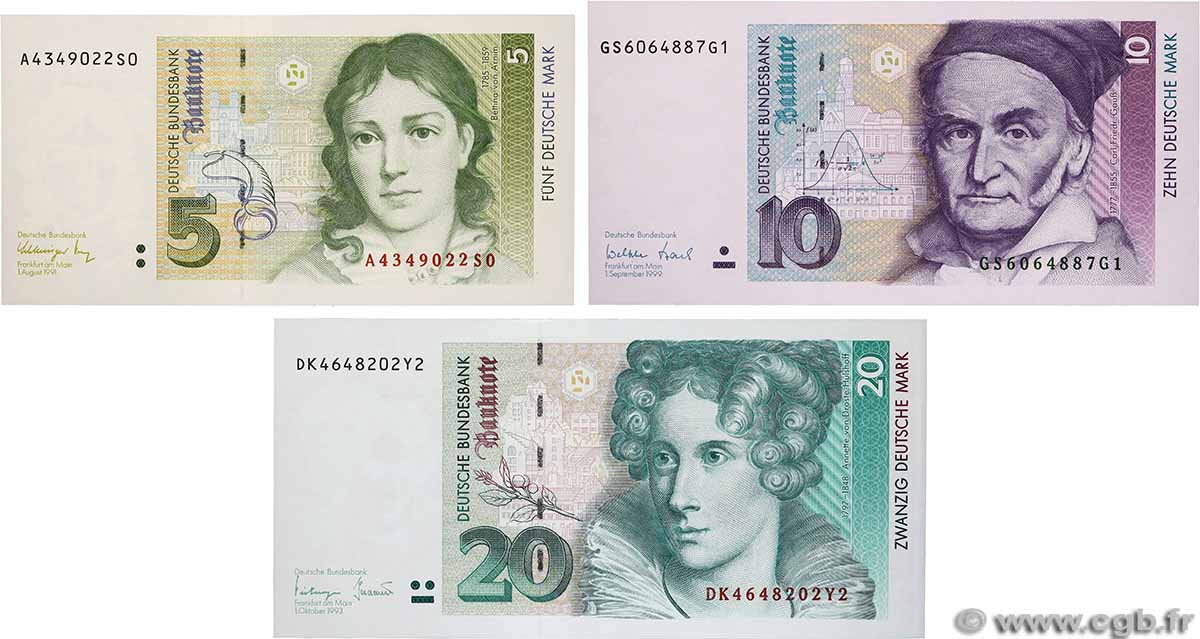 5, 10 et 20 Deutsche Mark Lot GERMAN FEDERAL REPUBLIC 1989 P.37, P.38d et P.39B UNC-