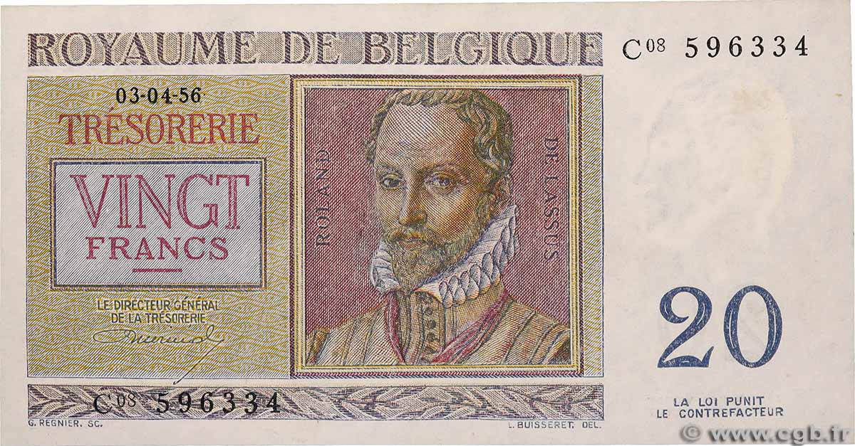 20 Francs BELGIUM 1956 P.132b UNC