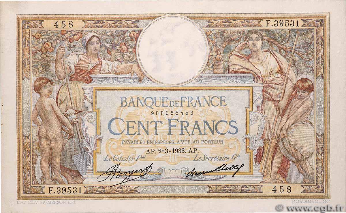 100 Francs LUC OLIVIER MERSON grands cartouches FRANCIA 1933 F.24.12 q.SPL