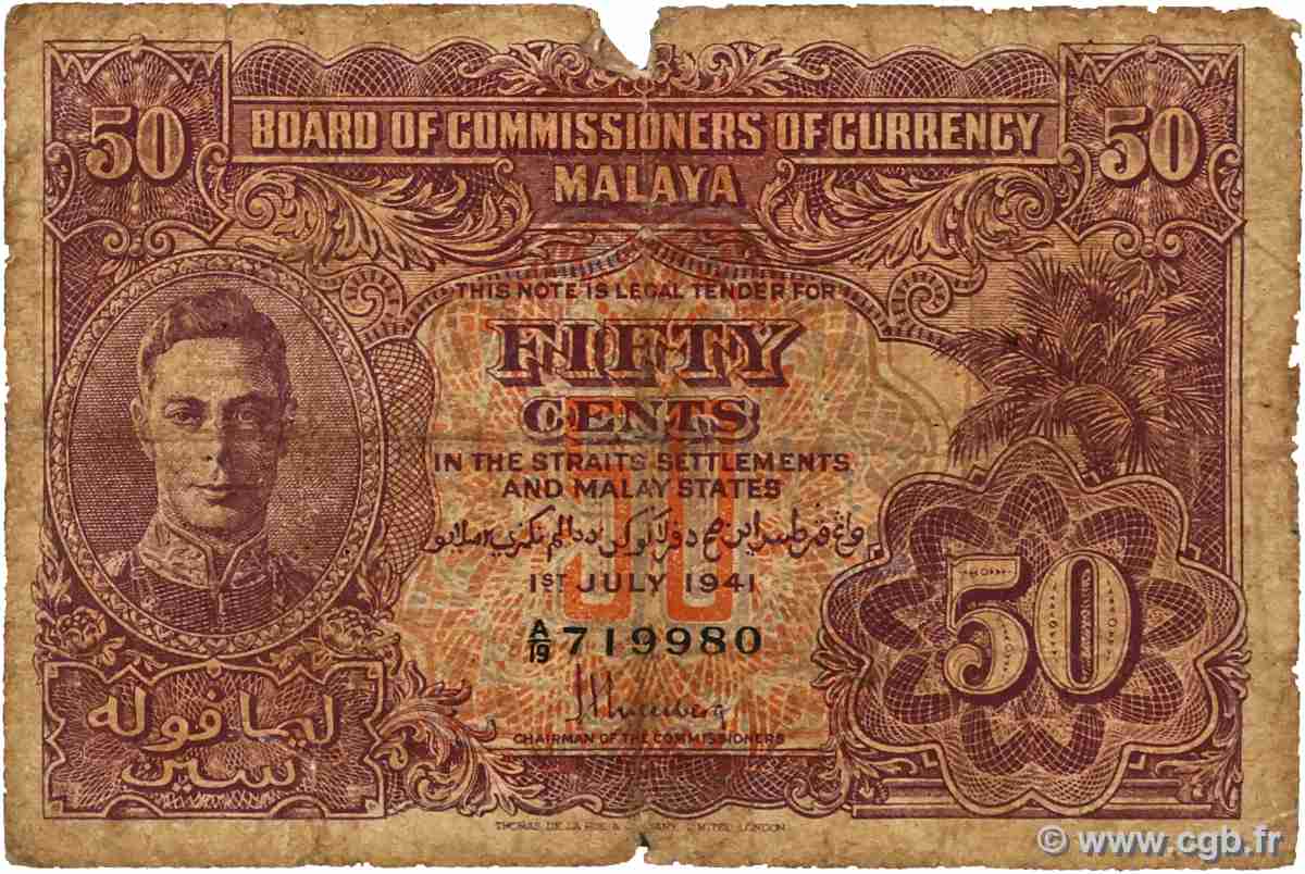 50 Cents MALAYA 1941 P.10b SGE