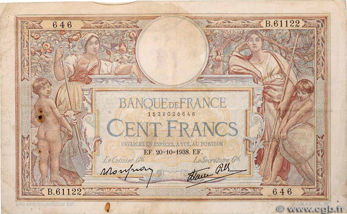 100 Francs LUC OLIVIER MERSON type modifié FRANCE 1938 F.25.32 F+