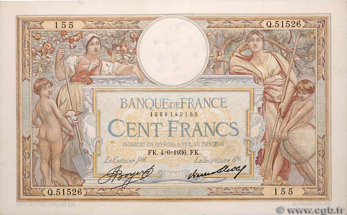 100 Francs LUC OLIVIER MERSON grands cartouches FRANCIA 1936 F.24.15 SPL