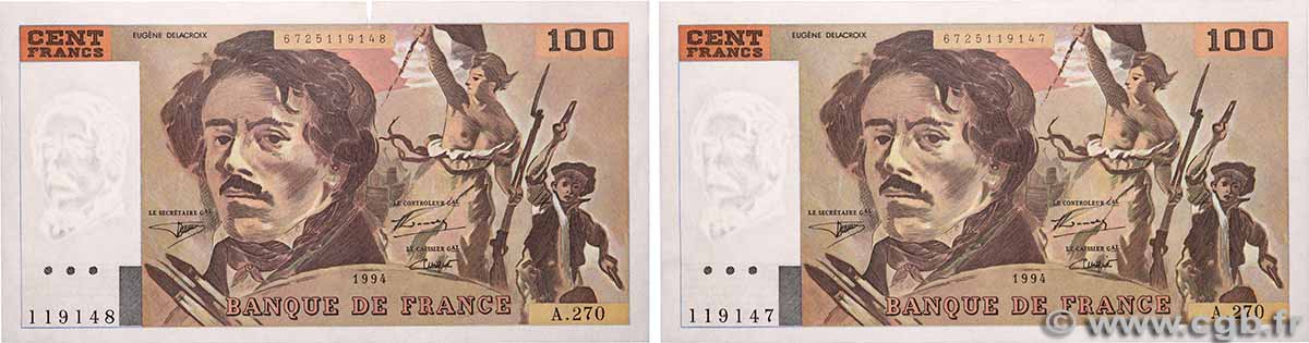 100 Francs DELACROIX 442-1 & 442-2 Lot FRANCIA 1994 F.69ter.01b AU+