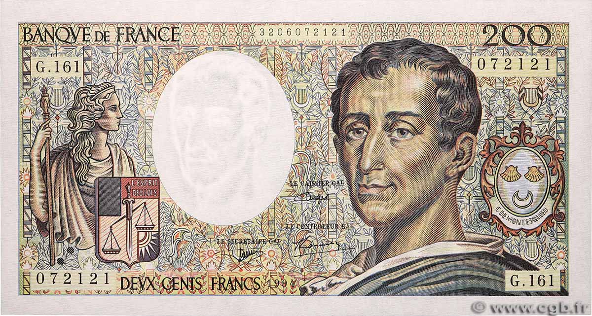200 Francs MONTESQUIEU Modifié FRANCIA 1994 F.70/2.01 SPL