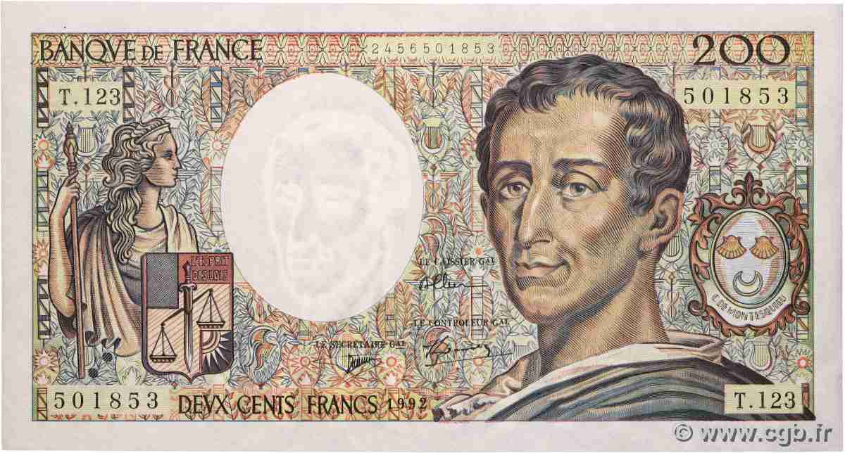 200 Francs MONTESQUIEU FRANCIA 1992 F.70.12b q.FDC