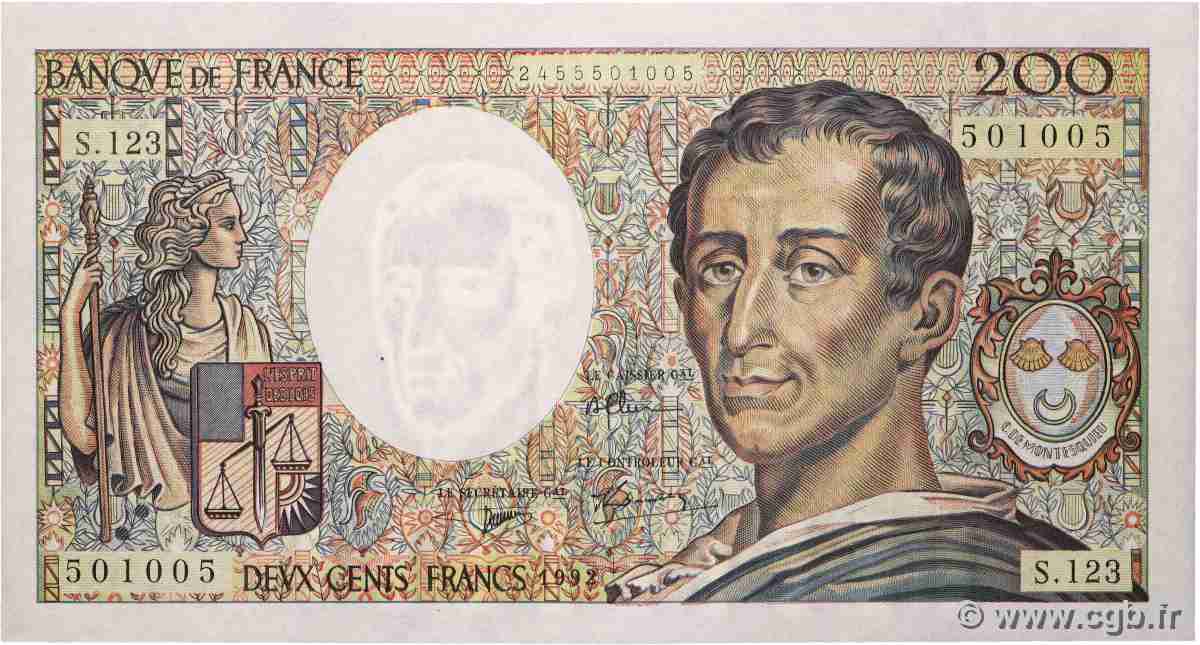 200 Francs MONTESQUIEU FRANCE 1992 F.70.12b AU+