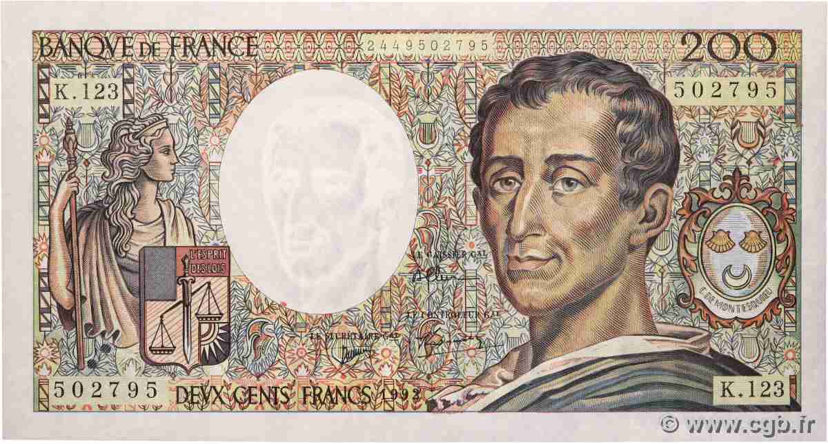 200 Francs MONTESQUIEU FRANCIA 1992 F.70.12b AU
