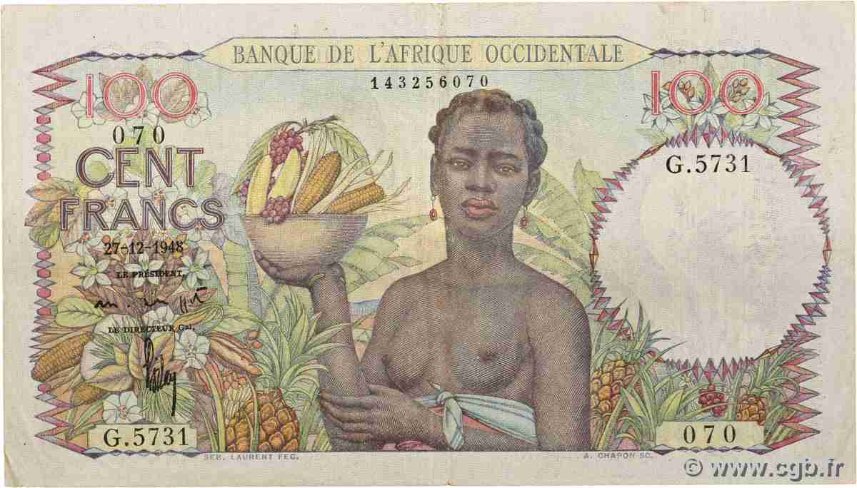 100 Francs FRENCH WEST AFRICA 1948 P.40 VF