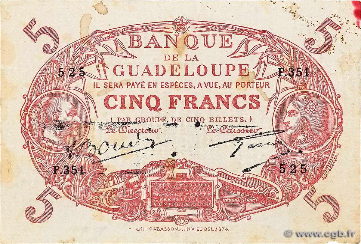5 Francs Cabasson rouge GUADELOUPE 1945 P.07e SS