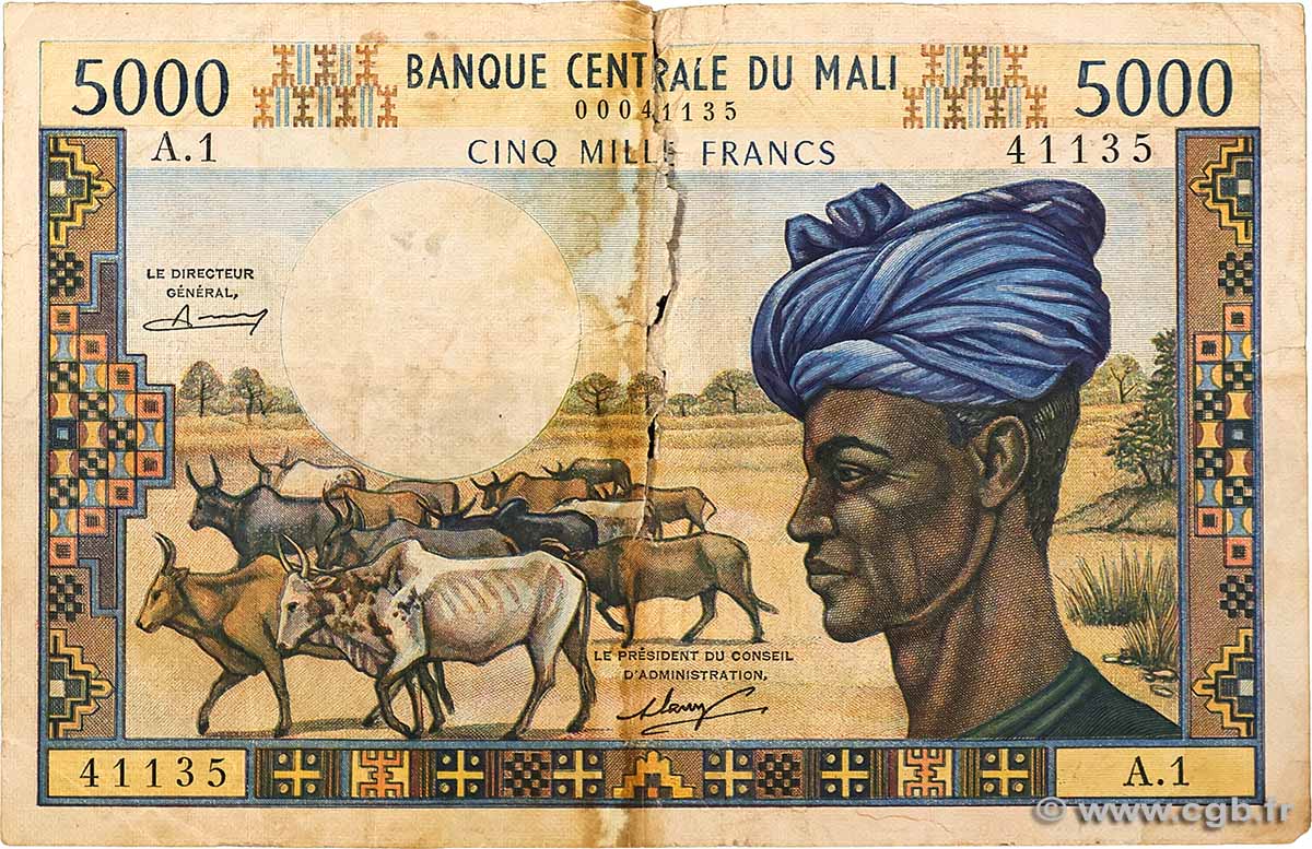 5000 Francs Petit numéro MALI 1973 P.14a VG
