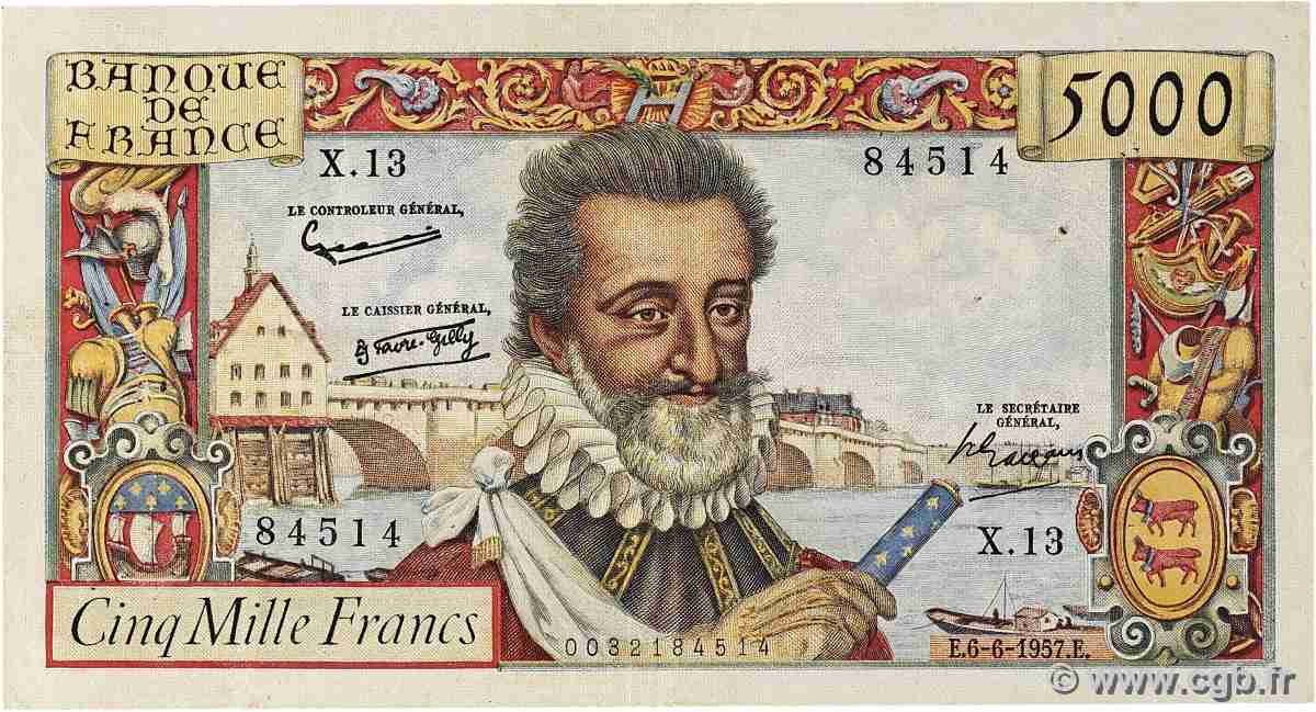 5000 Francs HENRI IV FRANCE 1957 F.49.02 VF-