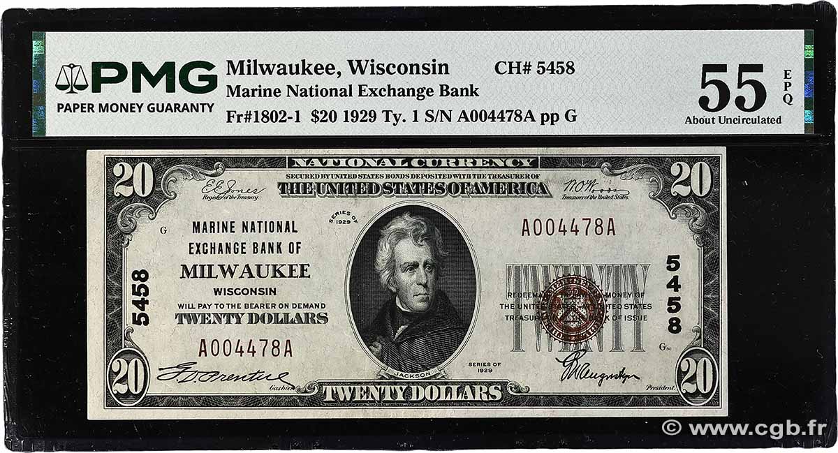 20 Dollars UNITED STATES OF AMERICA Milwaukee 1929 Fr.1802 AU