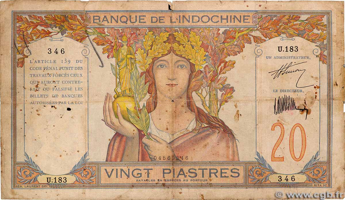20 Piastres INDOCINA FRANCESE 1928 P.050 B