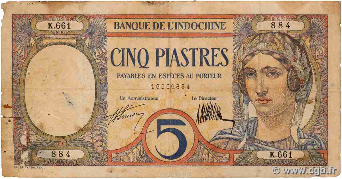 5 Piastres INDOCINA FRANCESE 1927 P.049b B