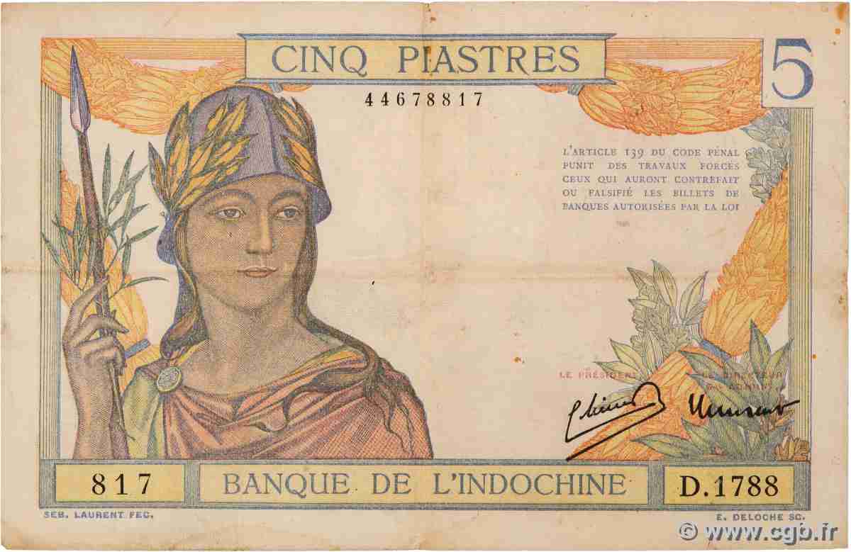 5 Piastres INDOCINA FRANCESE 1946 P.055c q.BB