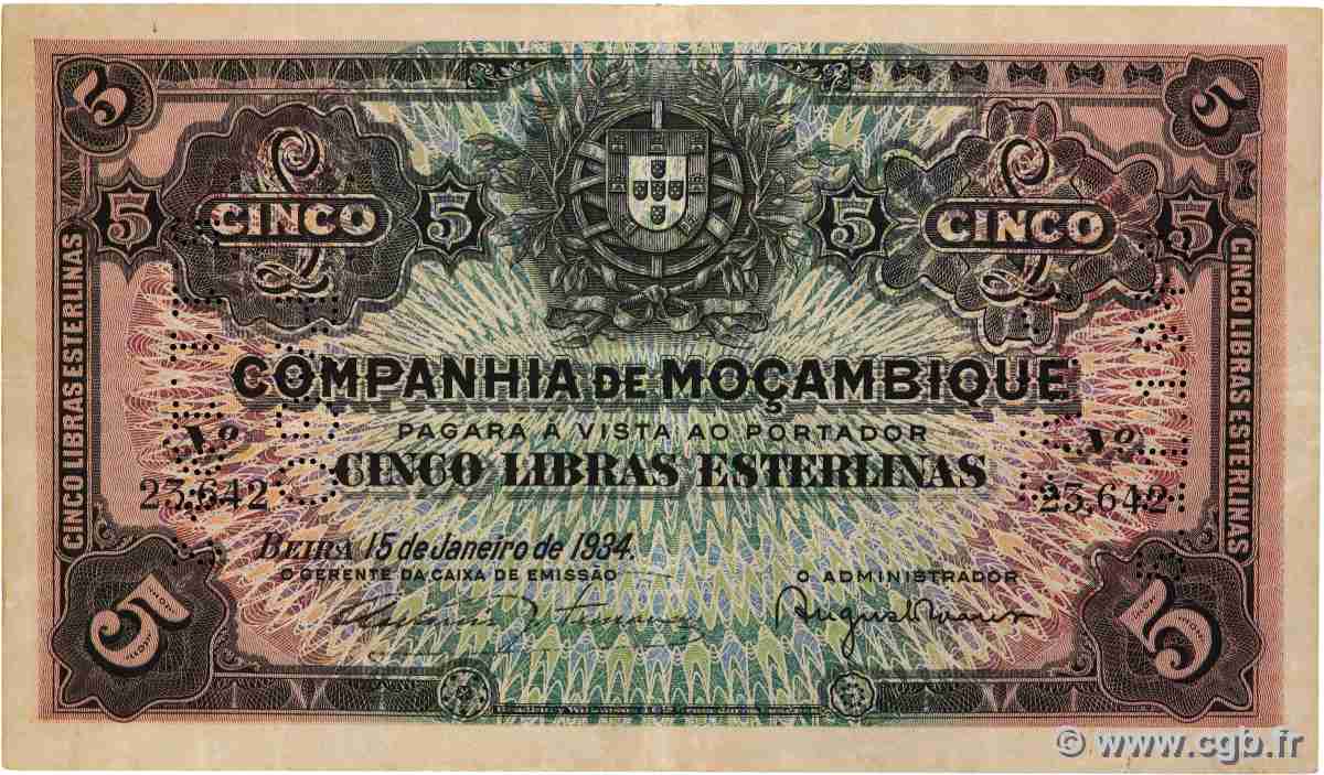 5 Libras MOZAMBICO Beira 1934 P.R32 BB
