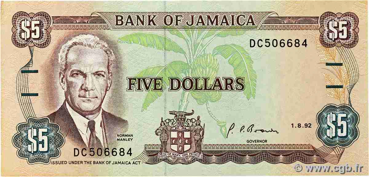 5 Dollars JAMAÏQUE 1992 P.70d SPL+