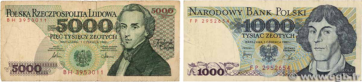 1000 et 5000 Zlotych Lot POLONIA 1982 P.146c et P.150b B a MB