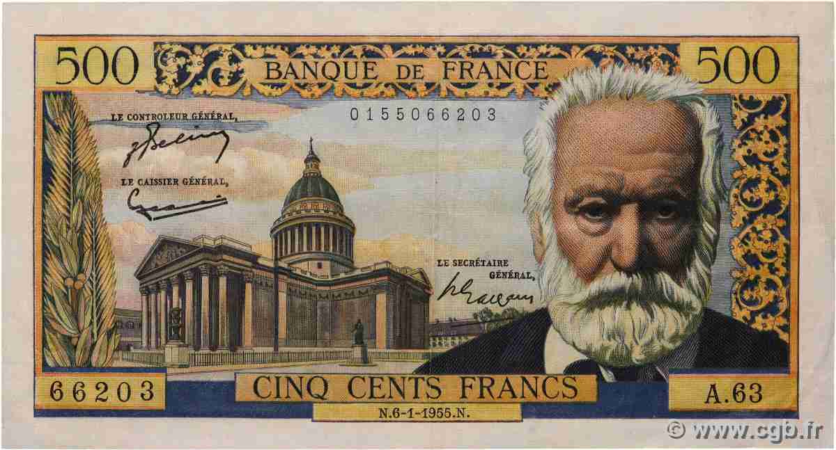 500 Francs VICTOR HUGO FRANCE 1955 F.35.04 XF-