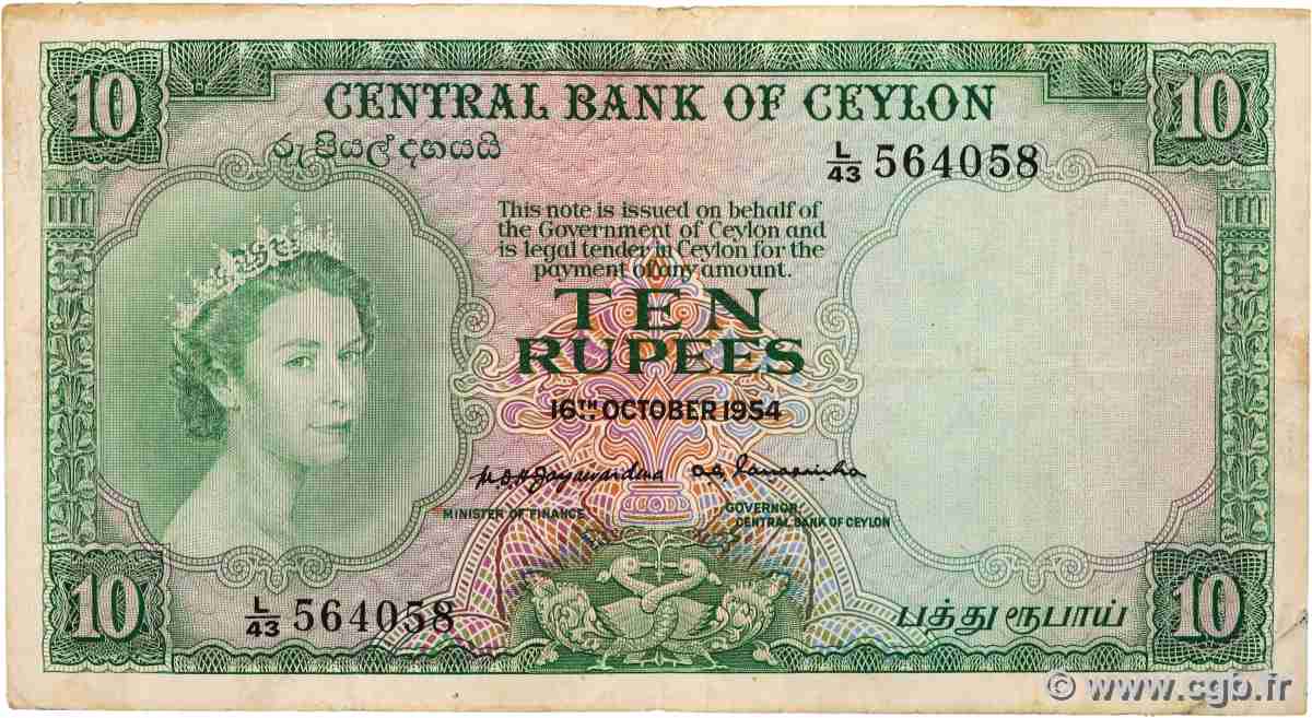 10 Rupees CEYLON 1954 P.055 F+