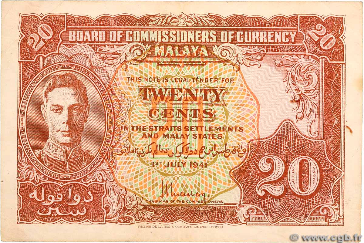 20 Cents MALAYA 1941 P.09a VF-
