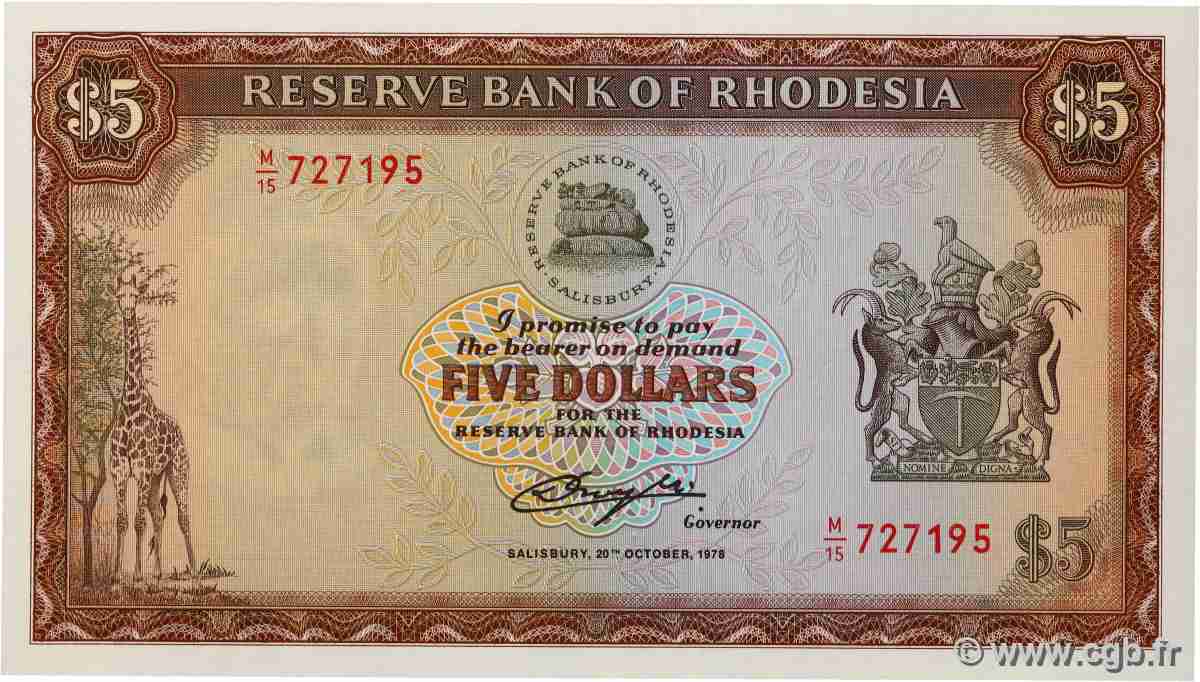 5 Dollars RHODESIA 1978 P.36b UNC-