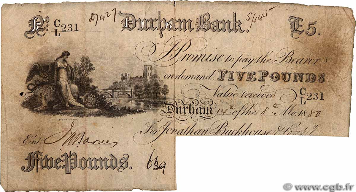 5 Pounds Annulé ENGLAND Durhan 1887 G.1071 G