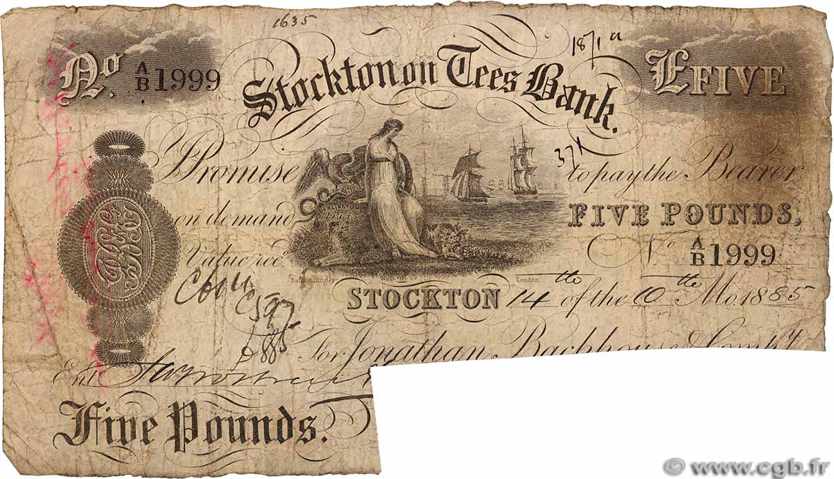 5 Pounds Annulé ENGLAND Stockton 1888 G.2766 G